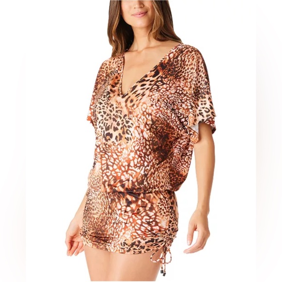 New Bar III Women's Glam Cheetah Adjustable-Side Cover-Up Caftan, L - Picture 3 of 3